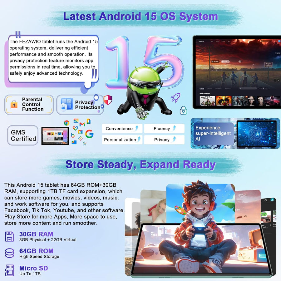 Tableta 2025 con Android 15 de 10 pulgadas con teclado de 30 GB de...