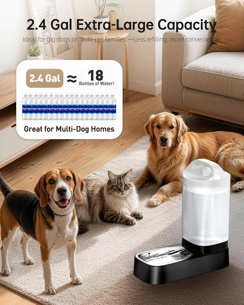 Dispensador automático de agua para perros, dispensador de agua para mascotas por gravedad de 2.4 galones con cuenco de acero inoxidable 304, comederos automáticos para perros, mango fácil de
