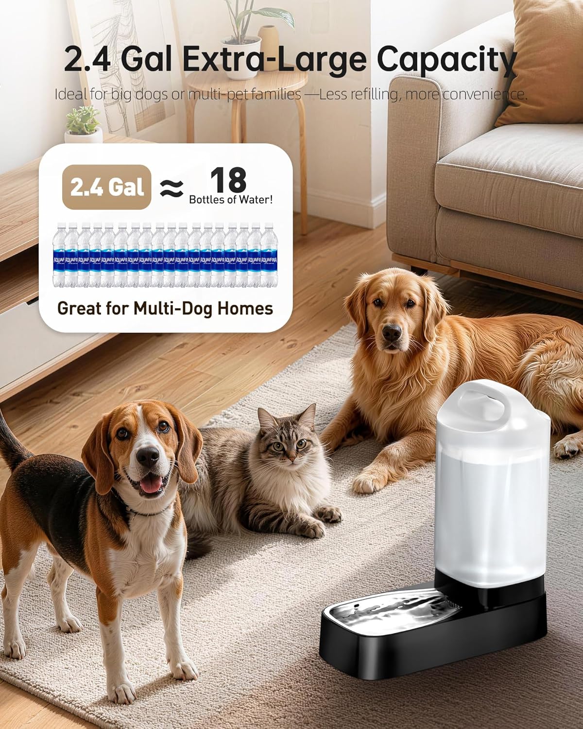 Dispensador automático de agua para perros, dispensador de agua para mascotas por gravedad de 2.4 galones con cuenco de acero inoxidable 304, comederos automáticos para perros, mango fácil de