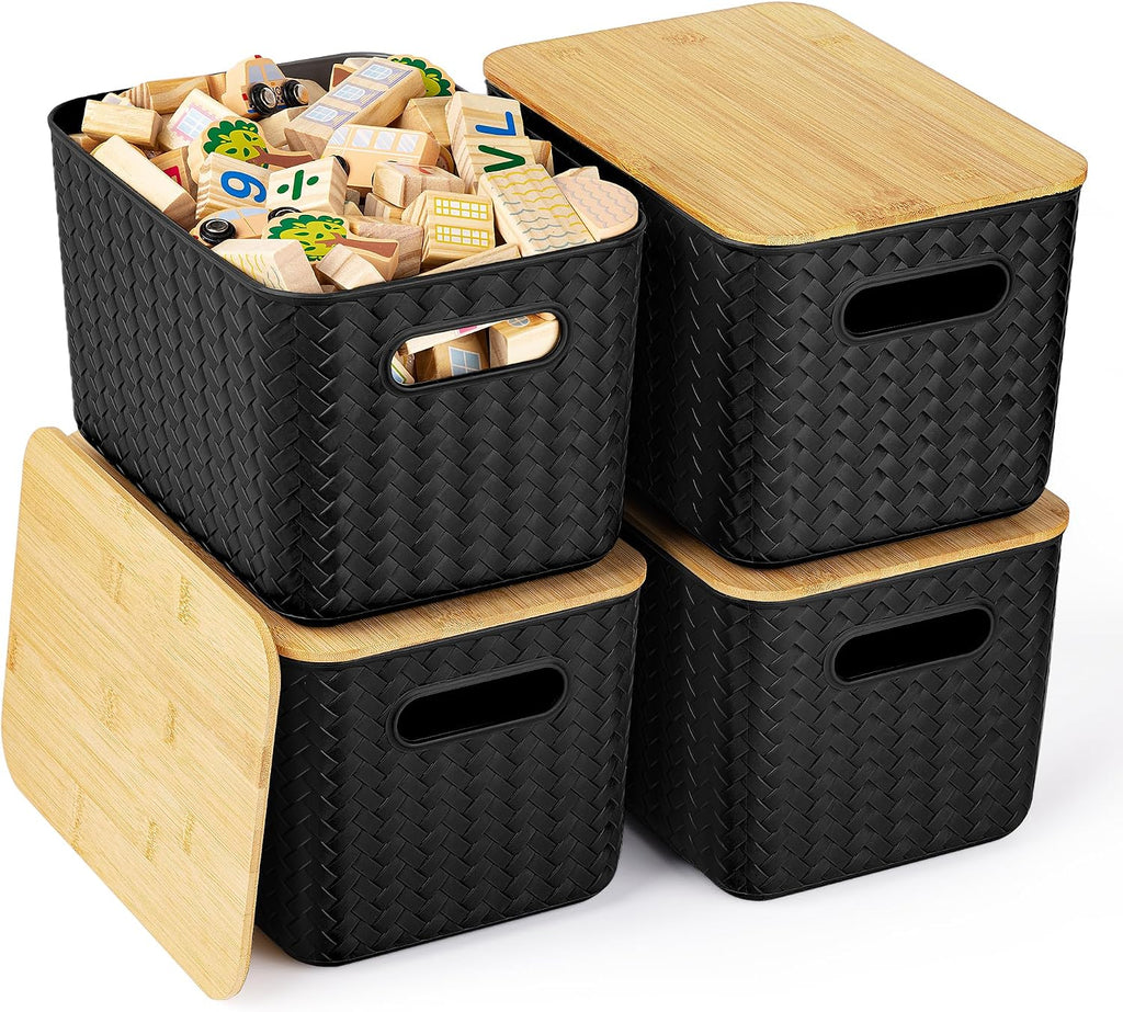 Ohmlove Paquete de 4 contenedores de almacenamiento con tapas de bambú, contenedores de almacenamiento de plástico con tapas, caja de almacenamiento apilable: cestas de almacenamiento para organizar