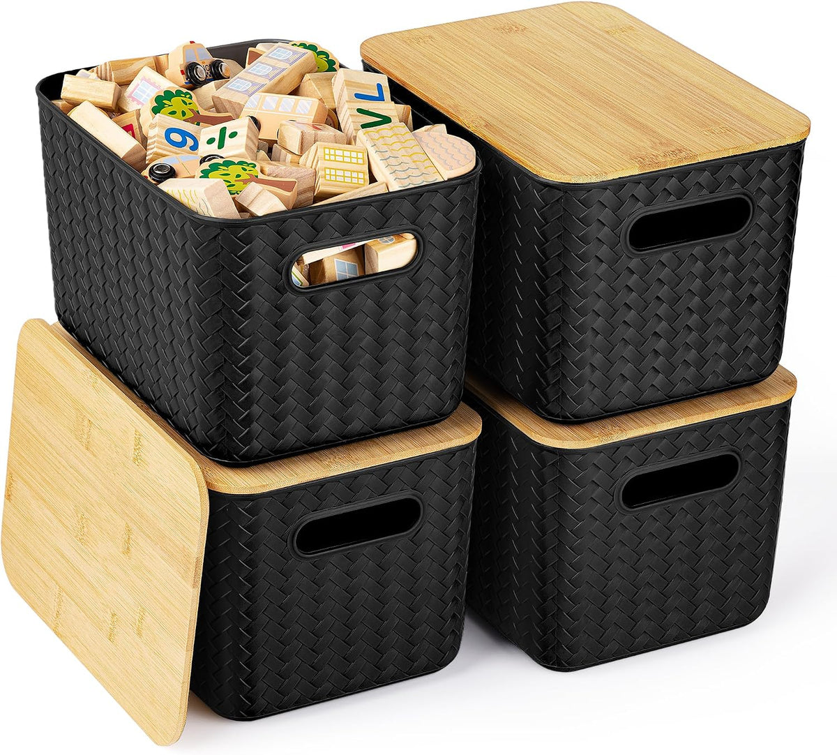 Ohmlove Paquete de 4 contenedores de almacenamiento con tapas de bambú, contenedores de almacenamiento de plástico con tapas, caja de almacenamiento apilable: cestas de almacenamiento para organizar