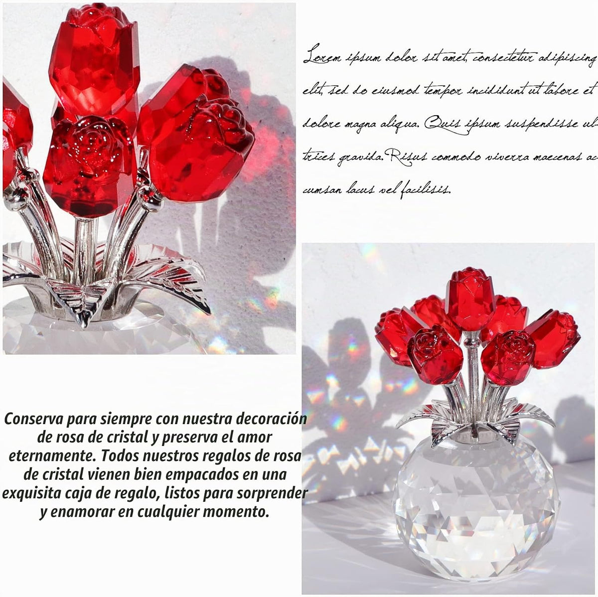 Figuras de rosas rojas de cristal, adorno de ramo de flores de cristal