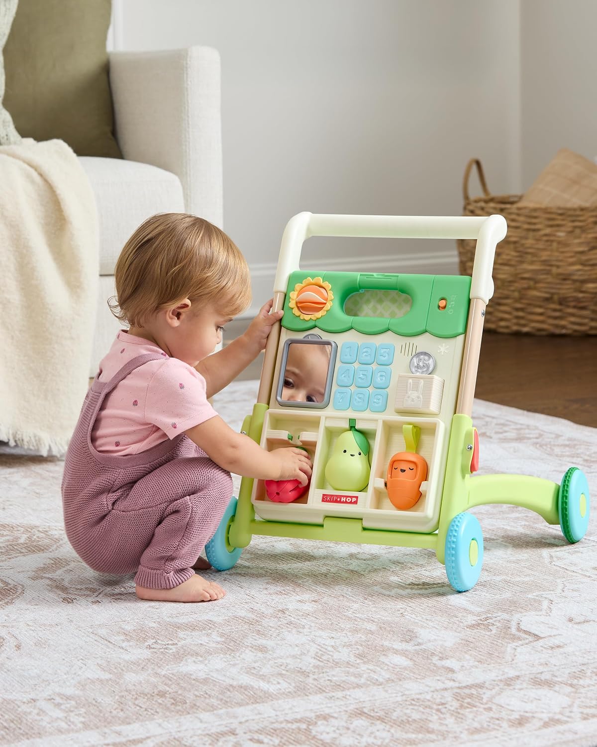 Skip Hop Andadera para bebé 5 en 1, convertible de sentarse a pararse, con luces, más de 50 actividades para el juego y desarrollo, canciones y sonidos, 3 alturas ajustables de manijas y control de