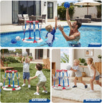 Juego de aro de baloncesto y lanzamiento de anillos 2 en 1 para piscina, base estable antipunta, incluye 4 pelotas de baloncesto, 8 anillos/bomba de bomba, juguetes flotantes de verano para piscina
