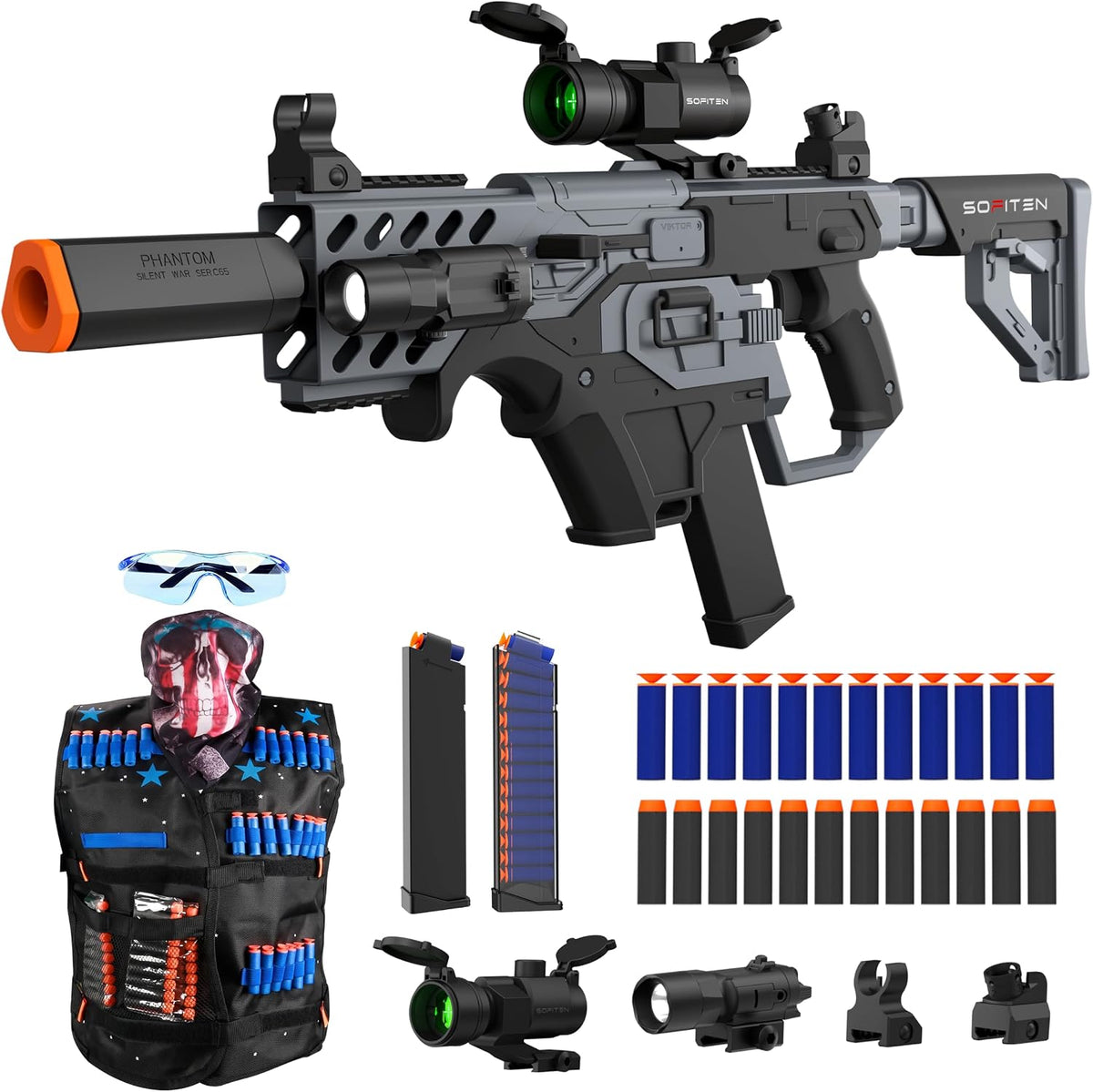 SOFITEN Pistola de juguete con rifle de francotirador automático con kit de chaleco táctico, juguete de alcance, juguetes de dardos de espuma con 120 dardos IR y linterna, juego de actividades al aire libre, regalo de cumpleaños y Navidad para niños a par