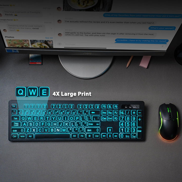 Teclado y mouse iluminados inalámbricos, brillo y color ajustables,...