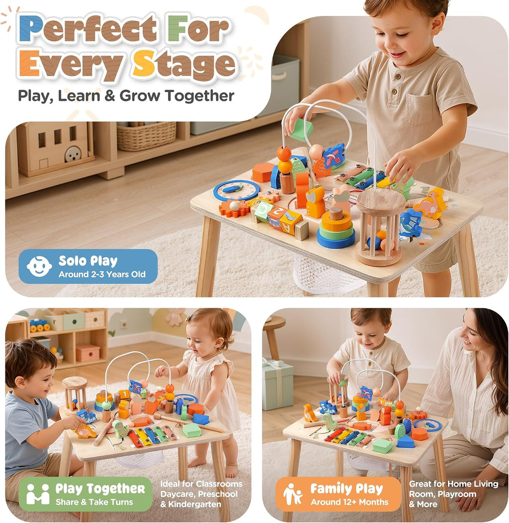 Mesa de actividades para niños pequeños, juguetes Montessori de madera 12