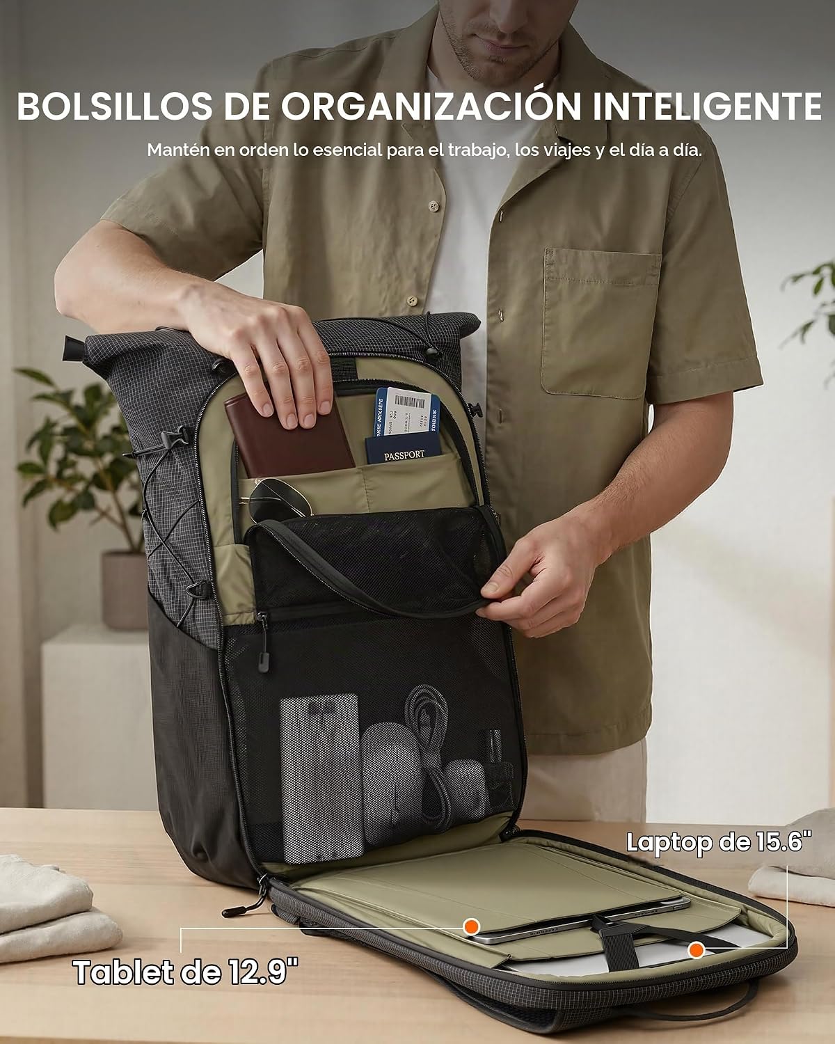 Tolaccea Mochila de Viaje Rolltop 32L, Portaordenador de 15,6" para Trabajo y Viaje