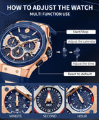 Paras Crown Relojes para Hombre Lujo Movimiento Japonés de Cuarzo Cronógrafo Analógico Caja de Acero Inoxidible Resistente al Agua 5ATM Relojes para Hombre