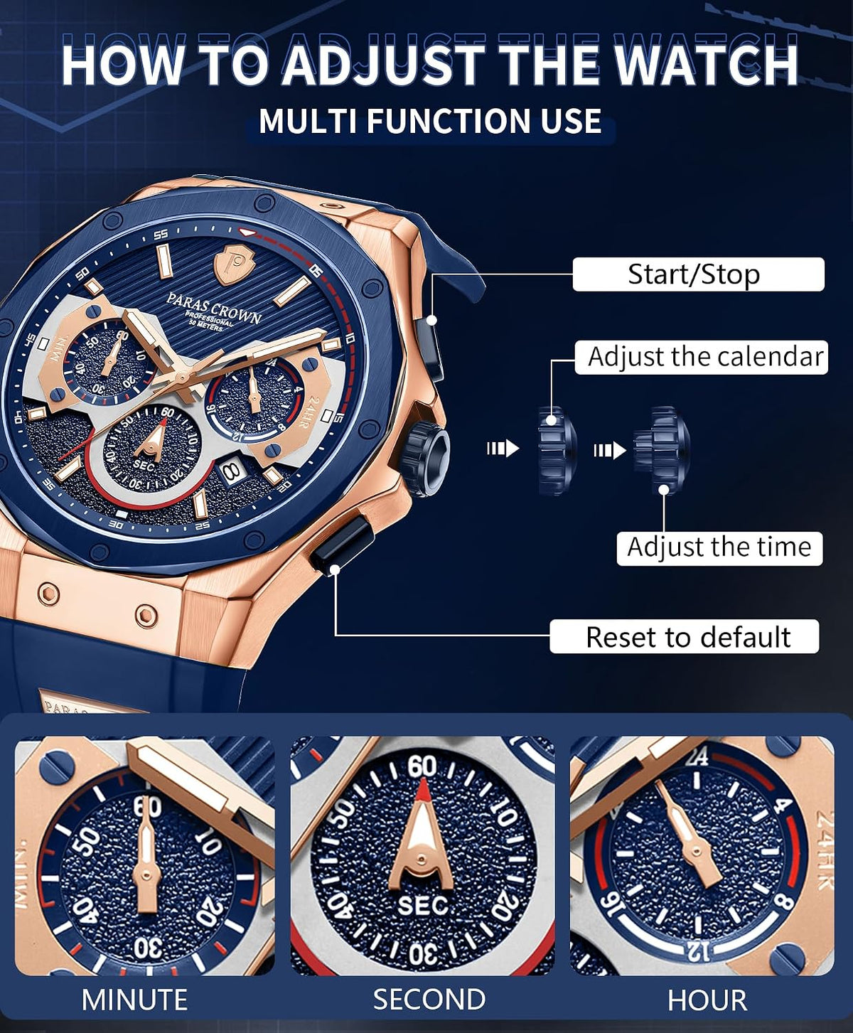 Paras Crown Relojes para Hombre Lujo Movimiento Japonés de Cuarzo Cronógrafo Analógico Caja de Acero Inoxidible Resistente al Agua 5ATM Relojes para Hombre