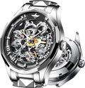 Relojes automáticos de esqueleto para hombre, reloj de pulsera de lujo mecánico de cuerda automática de cristal de zafiro, reloj de acero de tungsteno, 164 ft, impermeable, luminoso, sin batería, AA- Silver White