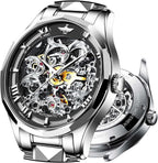 Relojes automáticos de esqueleto para hombre, reloj de pulsera de lujo mecánico de cuerda automática de cristal de zafiro, reloj de acero de tungsteno, 164 ft, impermeable, luminoso, sin batería, AA- Silver White