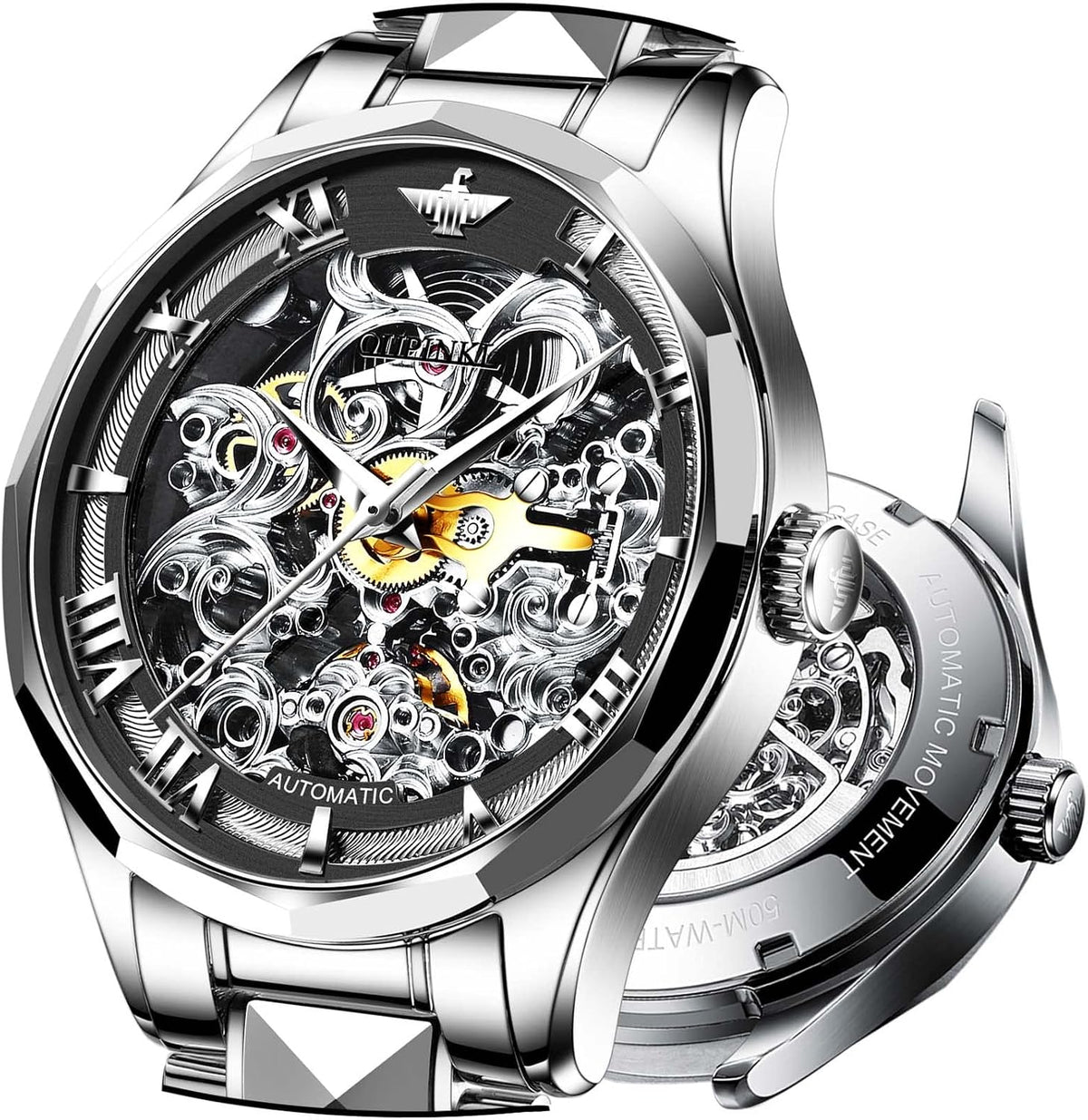 Relojes automáticos de esqueleto para hombre, reloj de pulsera de lujo mecánico de cuerda automática de cristal de zafiro, reloj de acero de tungsteno, 164 ft, impermeable, luminoso, sin batería, AA- Silver White