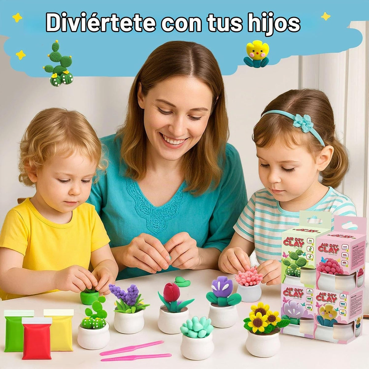 Arcilla seca al aire para niños, kit de arcilla para modelar 12 plantas DIY con herramientas de escultura