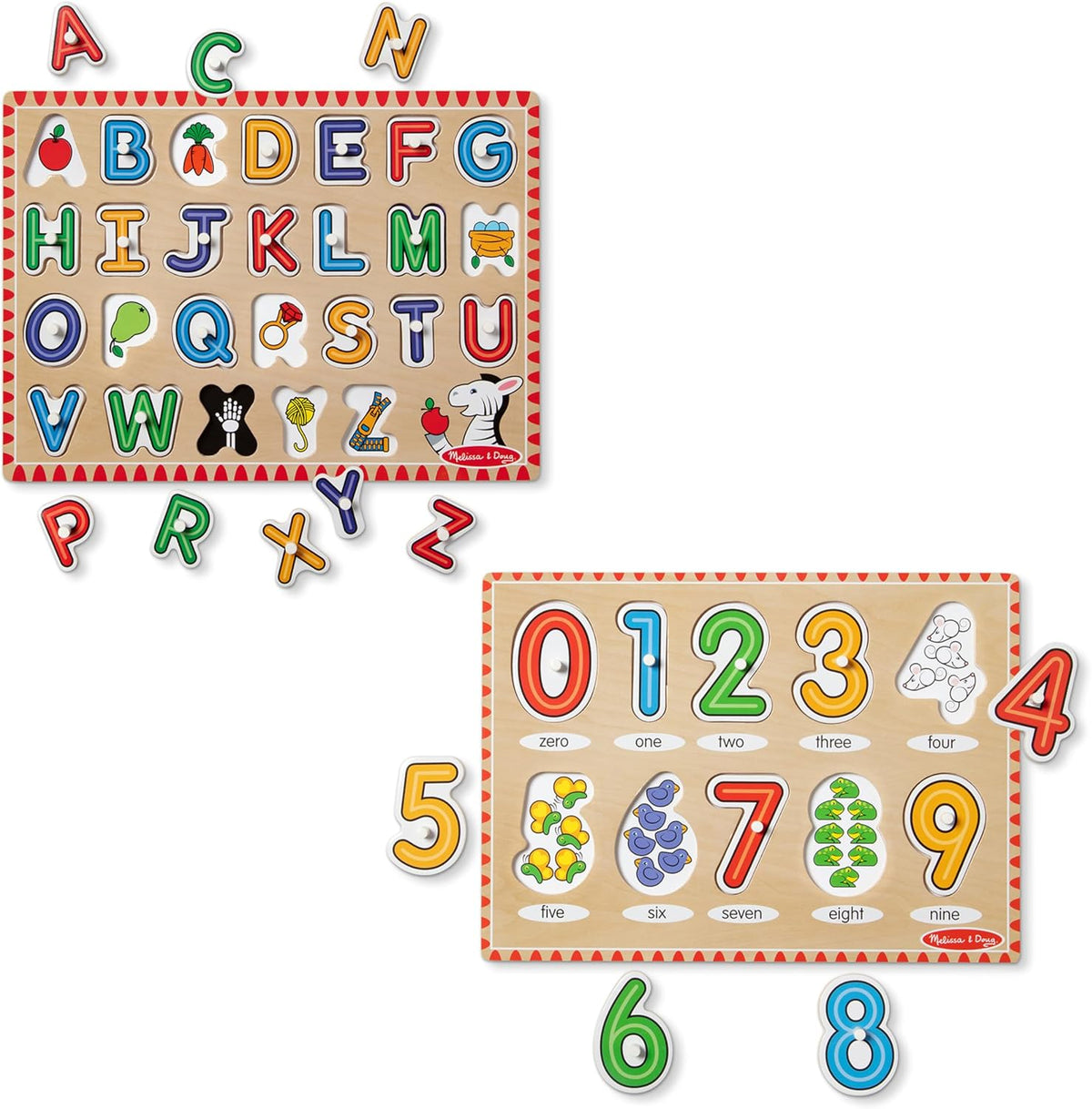 Melissa & Doug Rompecabezas de madera para levantar y ver clavijas de aprendizaje temprano, paquete de 2 para niñas y niños - alfabeto, números