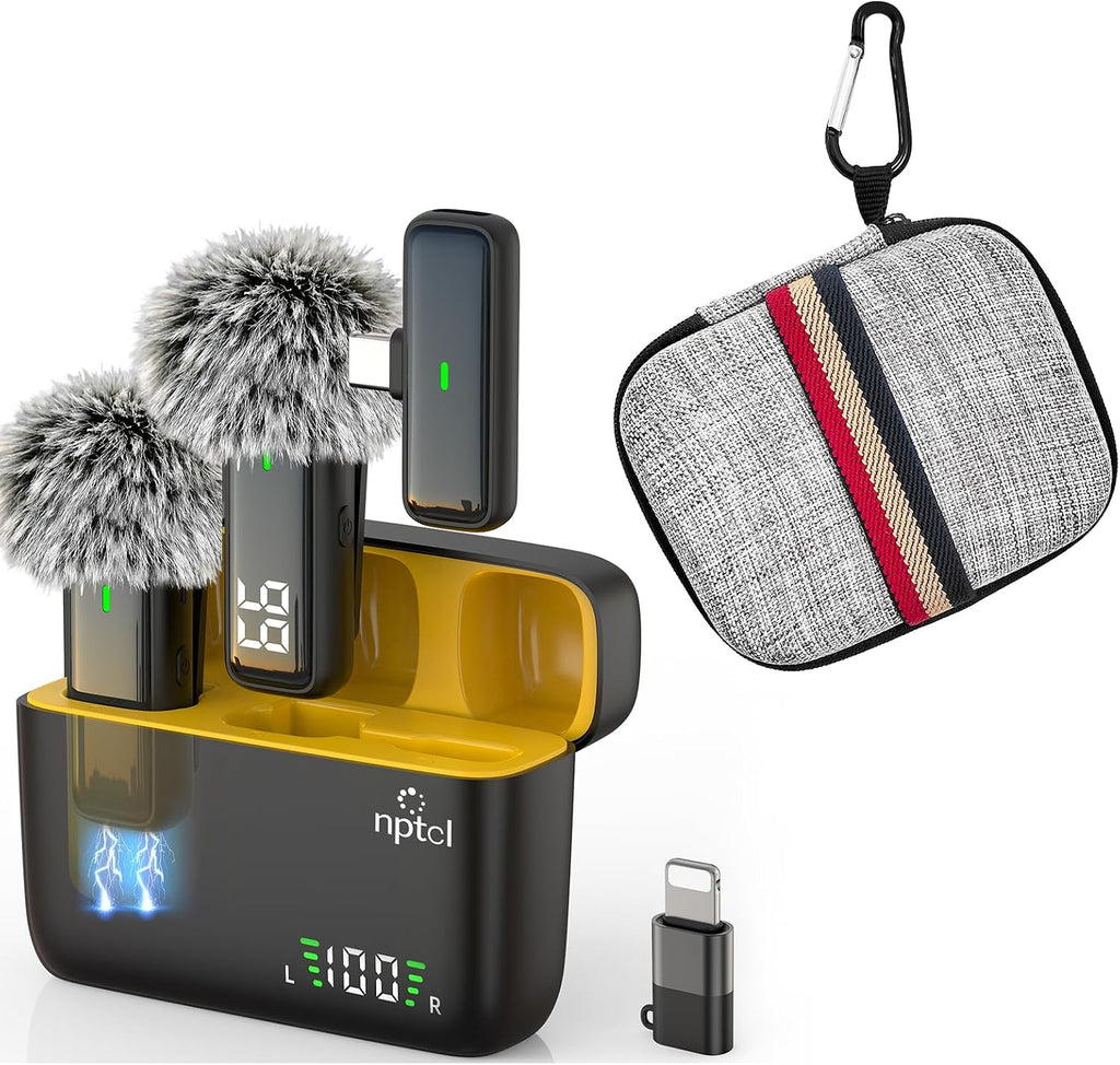 Paquete de micrófono Lavalier inalámbrico dual con funda de almacenamiento duro de nailon gris, micrófono de solapa con clip de reducción de ruido, tiempo de ejecución total de 24 horas