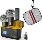 Paquete de micrófono Lavalier inalámbrico dual con funda de almacenamiento duro de nailon gris, micrófono de solapa con clip de reducción de ruido, tiempo de ejecución total de 24 horas