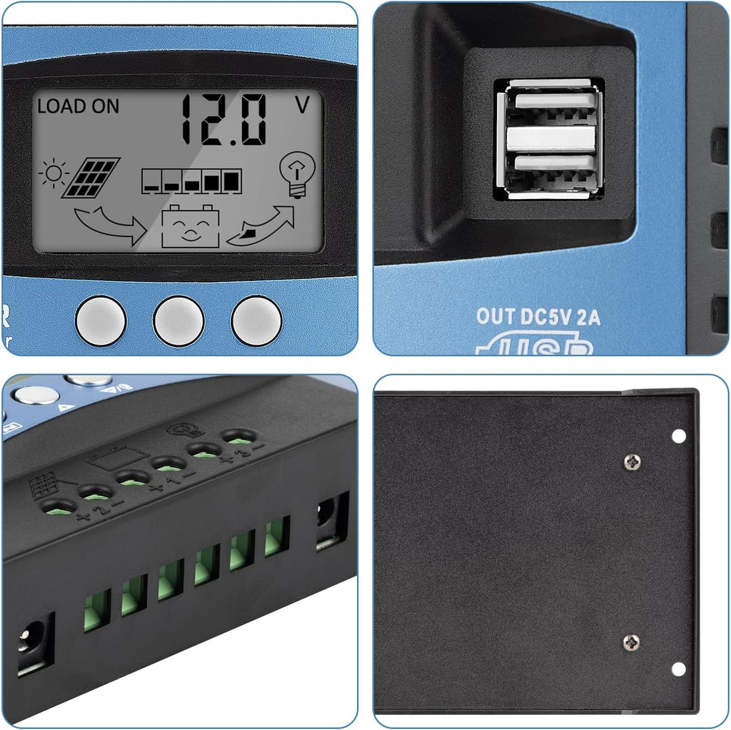 Controlador de carga de panel solar MPPT de 100 A, controlador de cargador de batería solar automático de 12 V/24 V con pantalla LCD, puerto USB dual y temporizador de ajuste de horas de encendido