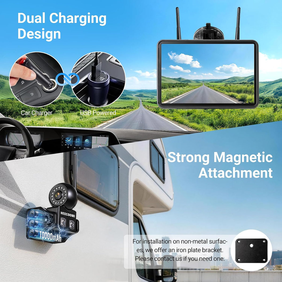 Cámara magnética inalámbrica de respaldo solar con lente ajustable de 360°, monitor de pantalla táctil 1080P de 7 pulgadas, grabación DVR, IP69K impermeable, apagado automático y visión