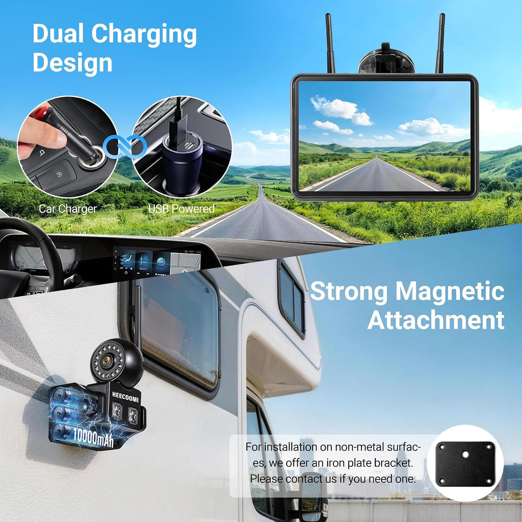 Sistema de cámara de respaldo inalámbrico magnético magnético de 360° - Pantalla táctil 1080P de 7 pulgadas, grabación DVR, impermeable IP69K, sueño automático y visión nocturna para RV