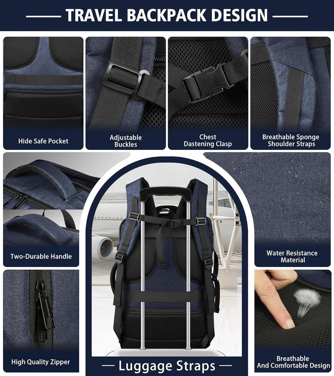 HULVION Mochila de viaje, mochila de mano expandible resistente al...