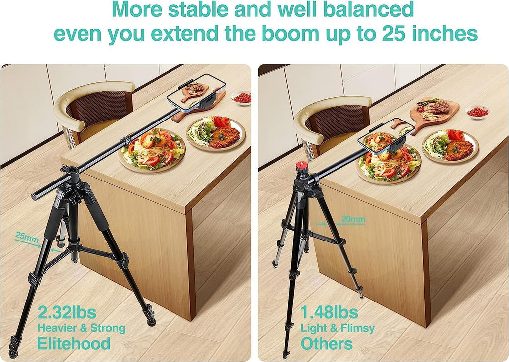 Elitehood Trípode para iPhone para grabación de video aérea [resistente y ultraestable], brazo horizontal largo extensible de 25 pulgadas, soporte de trípode para iPhone con rotación de 360° con