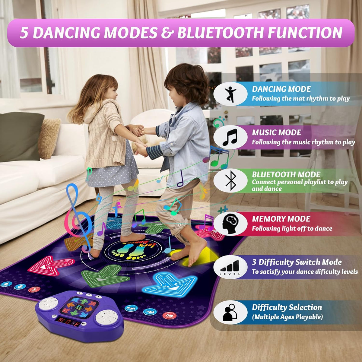 Juguetes de alfombrilla de baile para niñas y niños de 3 a 12 años, alfombrillas de baile con 8 botones iluminados y Bluetooth inalámbrico, juguete de baile con música y 5 modos de juego, regalos de