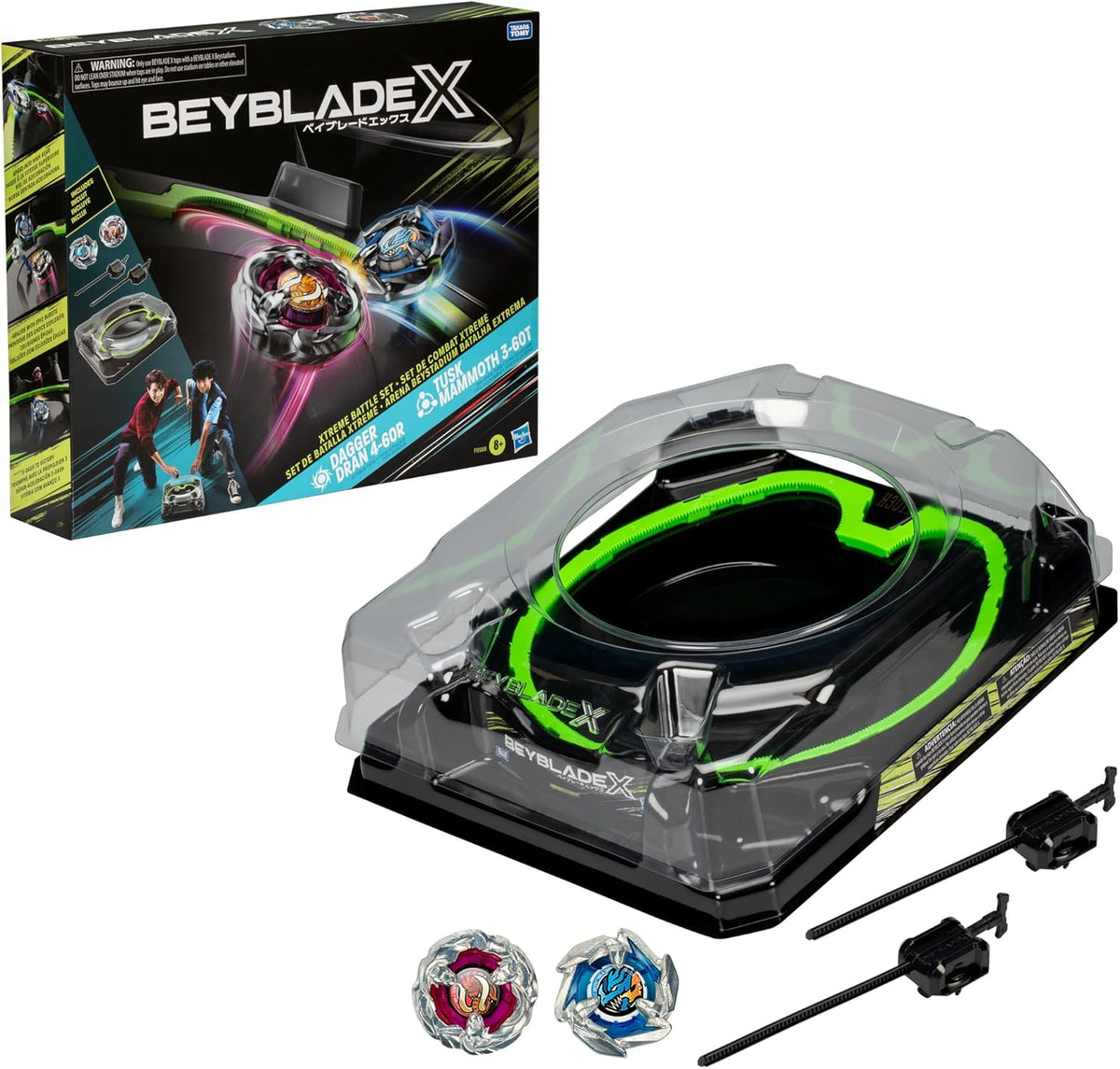 Beyblade X Xtreme Battle Set con Beystadium Arena con riel X-Celerator, 2 juguetes superiores giratorios a la derecha, 2 lanzadores, juguetes para niños y niñas, 8+