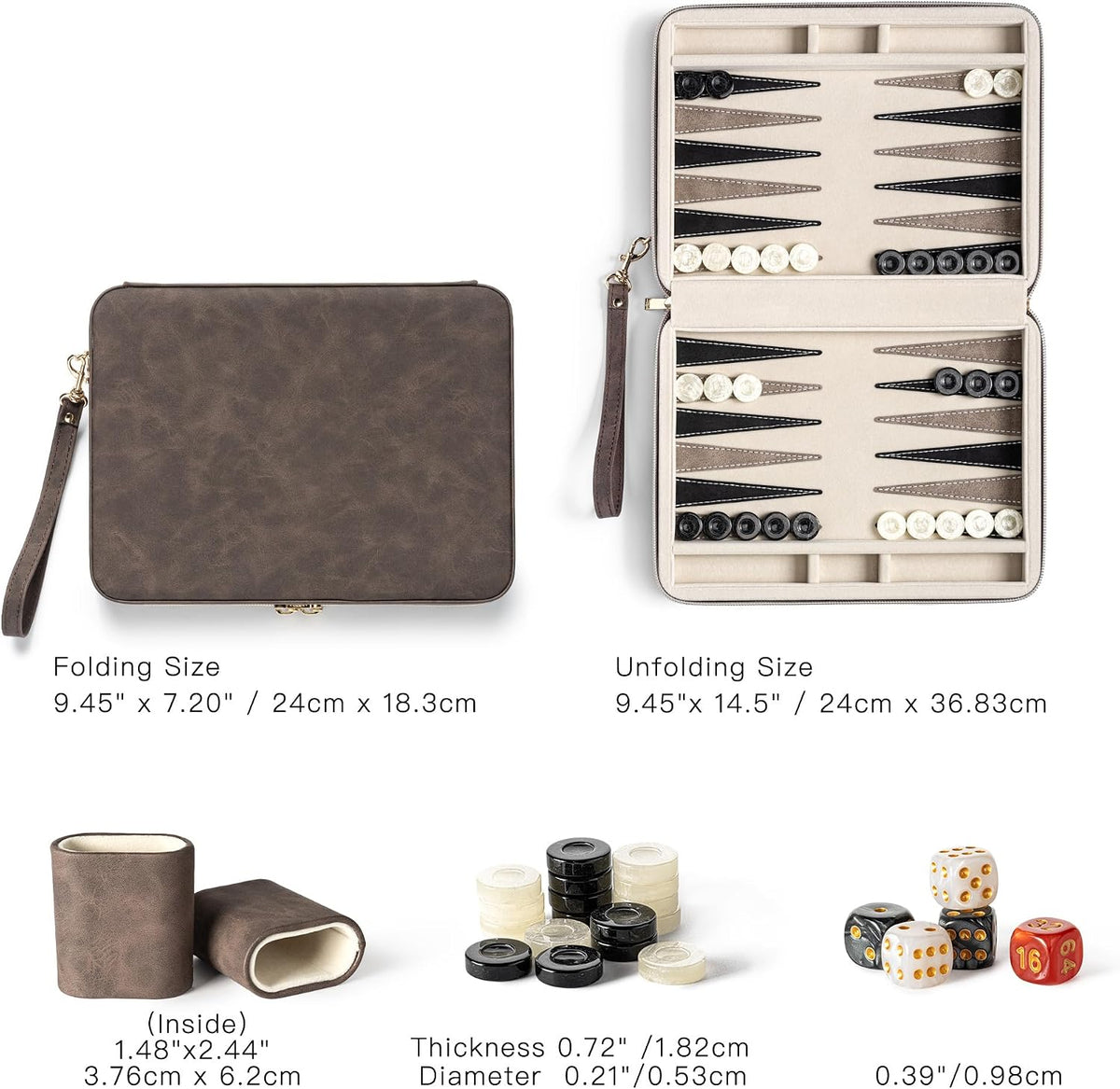 Juegos de backgammon para adultos y niños, tablero clásico de backgammon con dados de damas únicos, funda plegable de piel sintética de backgammon para backgammon (marrón)