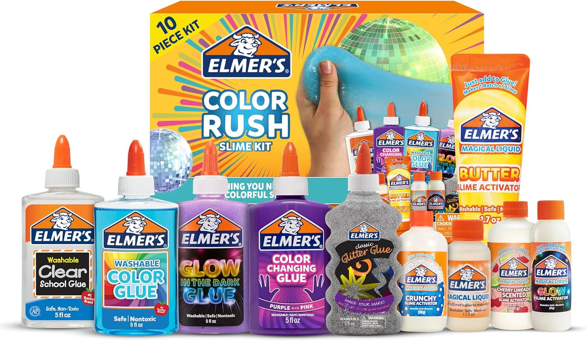 Elmer's Kit de slime Color Rush, incluye pegamento líquido, activador, hace que el color cambie, brilla en la oscuridad, slime de mantequilla y más, kit de 10 piezas, perfecto para fiestas de cumpleaños, idea de regalo, actividad de niños