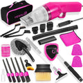 Kit de limpieza de coche rosa de 20 piezas, kit de detallado interior del automóvil con aspiradora de mano roja de alta potencia, juego de cepillos de detalles, limpiador de parabrisas, gel de