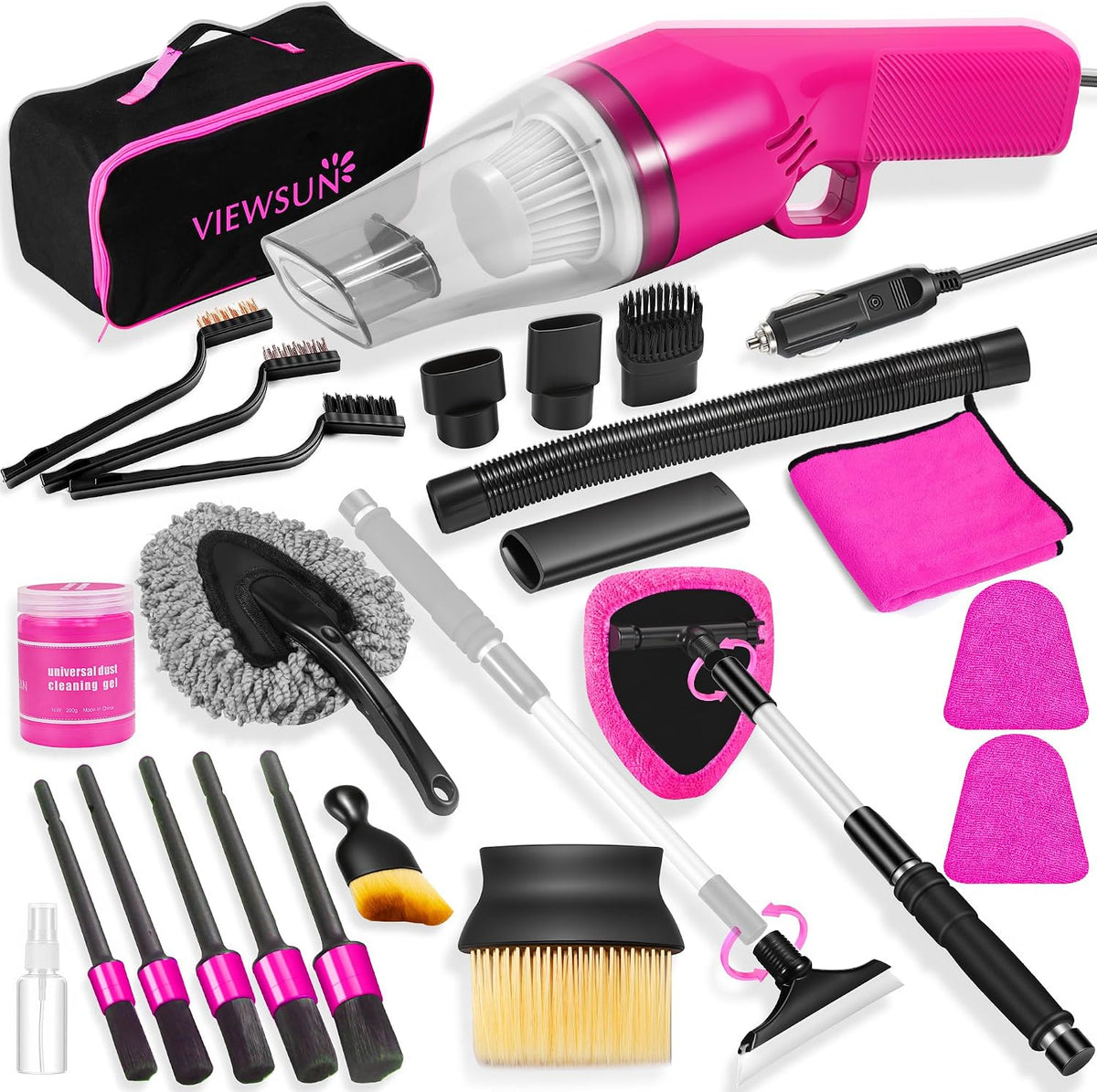 Kit de limpieza de coche rosa de 20 piezas, kit de detallado interior del automóvil con aspiradora de mano roja de alta potencia, juego de cepillos de detalles, limpiador de parabrisas, gel de