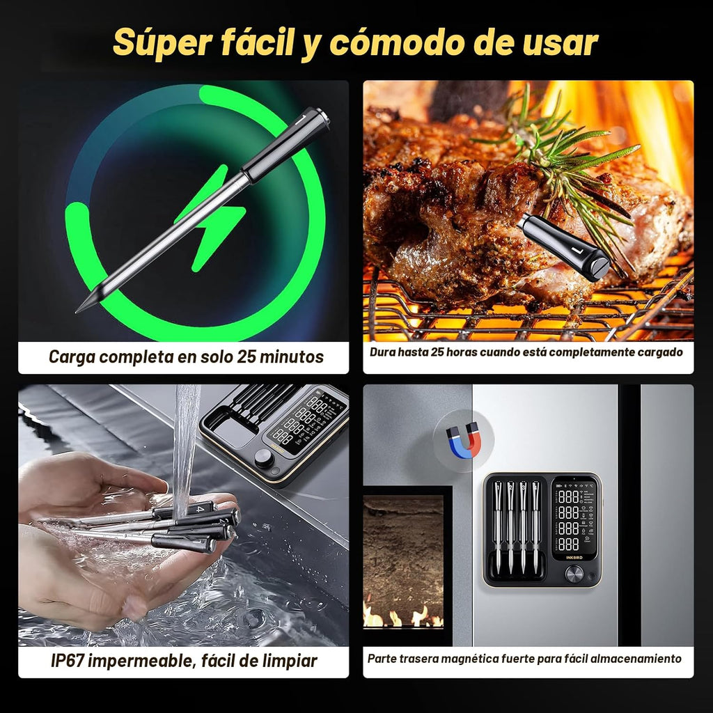 Wireless Meat Thermometer con 4 Probes, INKBIRD WiFi Meat Thermometer Digital Wireless para Rotisserie Grill Oven,Unlimited Range Dishwasher Waterproof Bluetooth Thermometer para iOS & Android