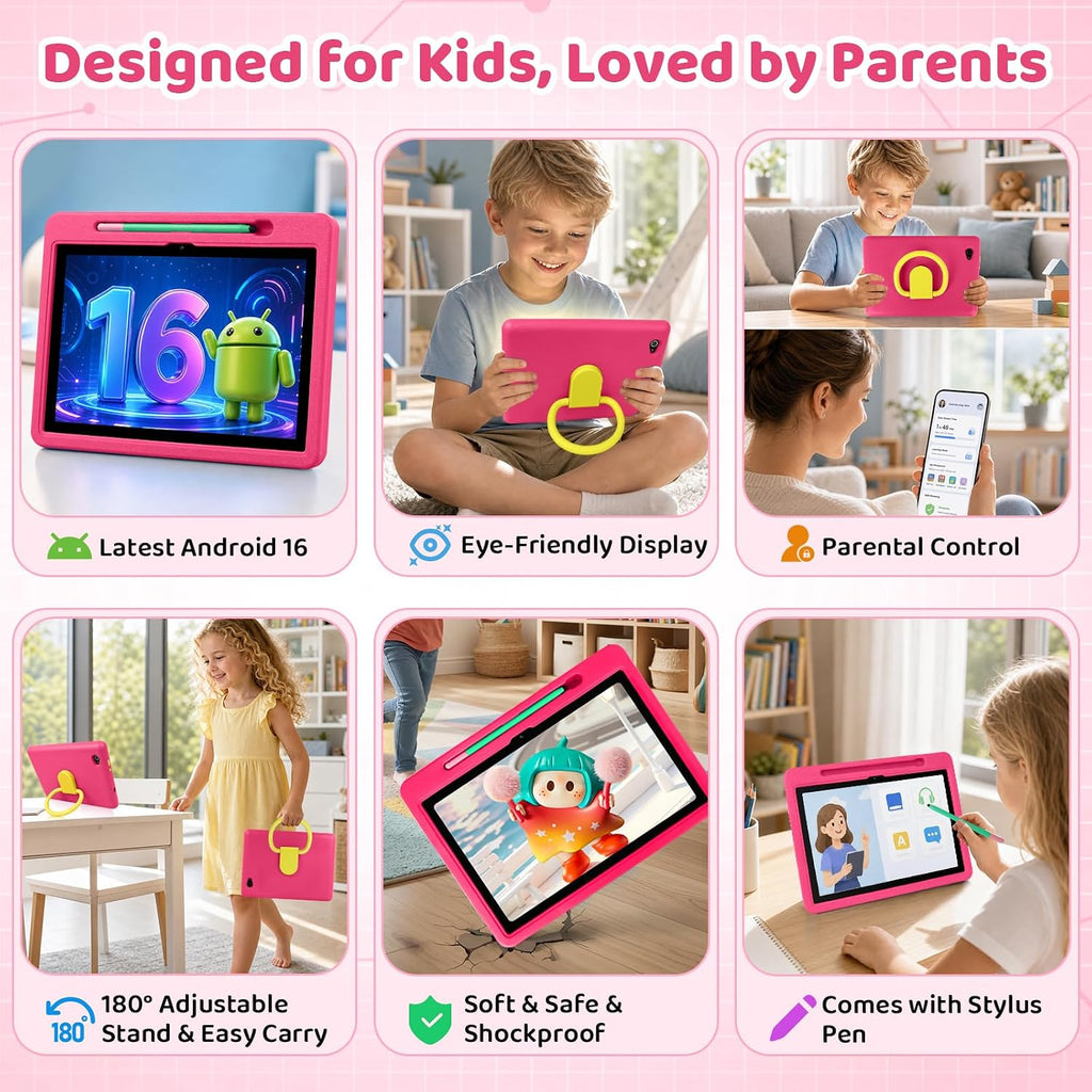 Android 16 Kids Tablet HD de 10 pulgadas con lápiz capacitivo y funda, 24