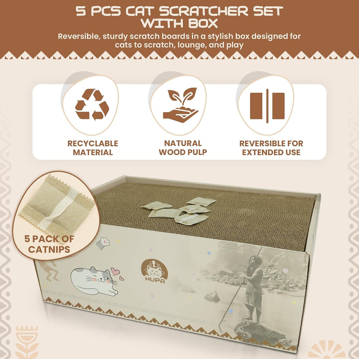 Paquete de 5 tablas rascadoras para gatos | Rascador reversible de cartón para gatos con hierba gatera | Rascador de cartón corrugado para gatos | Almohadilla para arañazos para gatos | Caja rascador duradera para gatos | 16.34 pulgadas de largo x 11.42