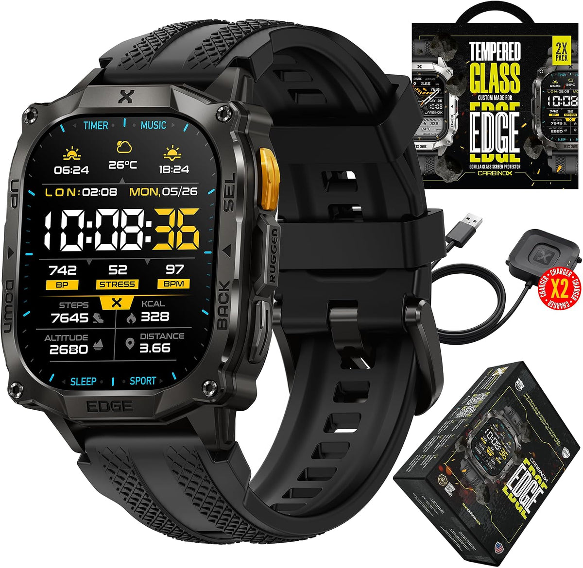 CARBINOX Edge - Reloj inteligente militar para hombre, rastreador de fitness, GPS, color negro