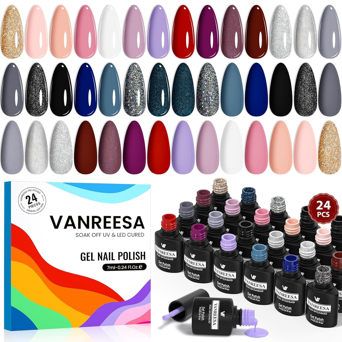 VANREESA - Juego de 24 esmaltes de uñas de gel, kit de esmalte