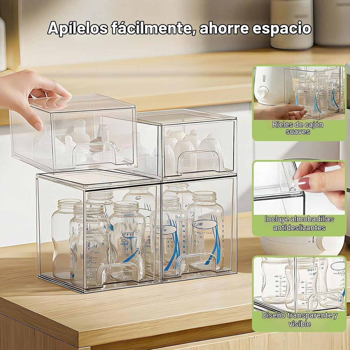 Organizador de Almacenamiento para Botellas de Bebé: Cajones Apilables de Acrílico
