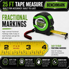 3 Pack - Cintas métricas de 25 ft - Fracciones fáciles de leer hasta 1/8 pulgada - Punta magnética - Puño y bloqueo rápido - Autovuelta - Clip de cinturón - Verde - Cinta métrica retráctil