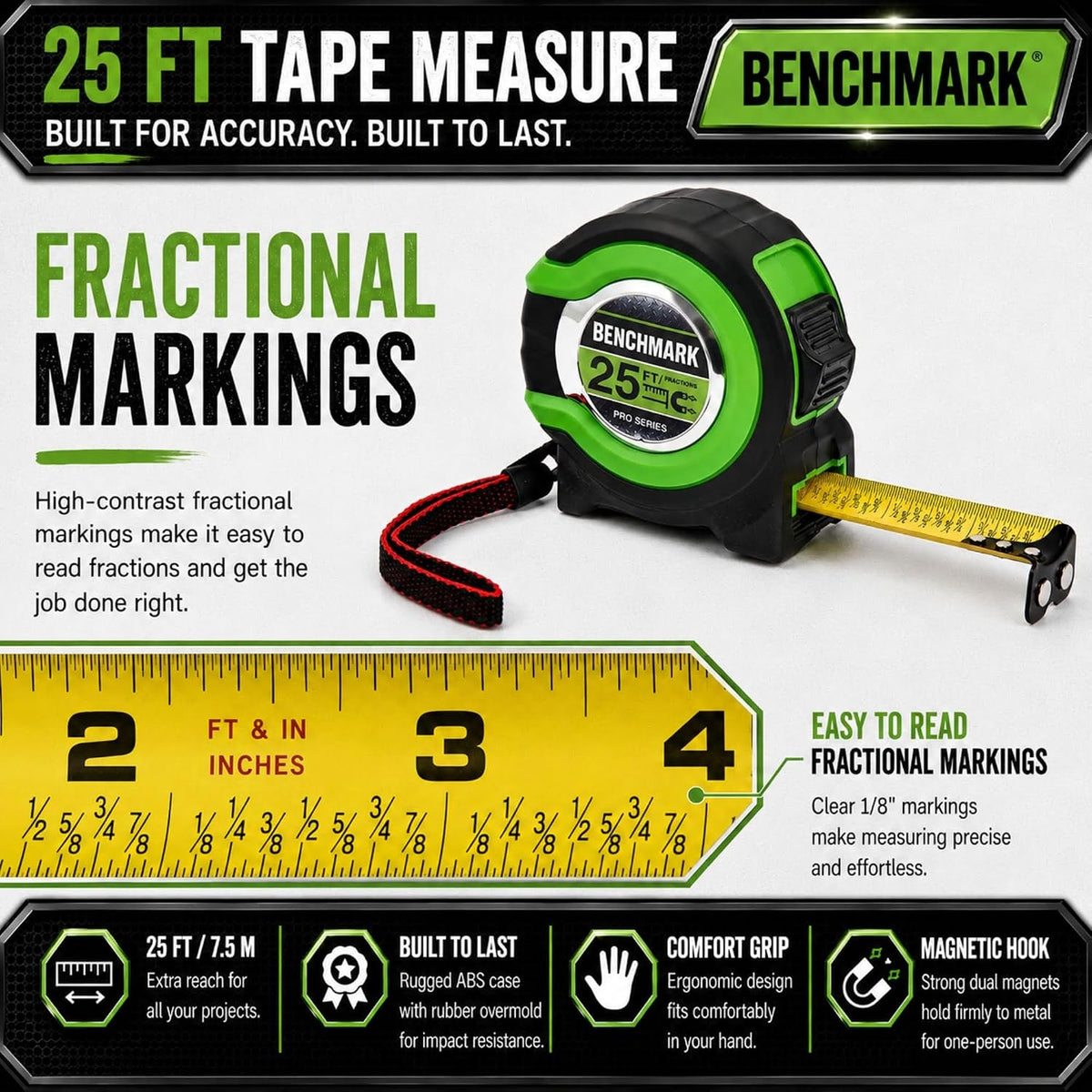 3 Pack - Cintas métricas de 25 ft - Fracciones fáciles de leer hasta 1/8 pulgada - Punta magnética - Puño y bloqueo rápido - Autovuelta - Clip de cinturón - Verde - Cinta métrica retráctil