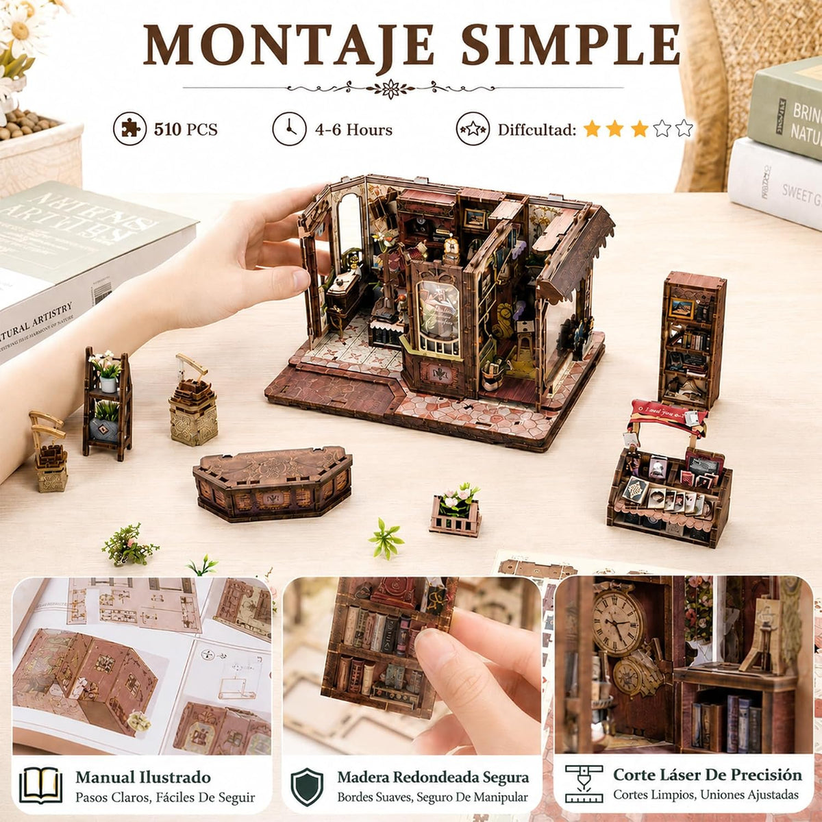 CRIOLPO Kit de rincón de libros en miniatura para adultos con luces LED