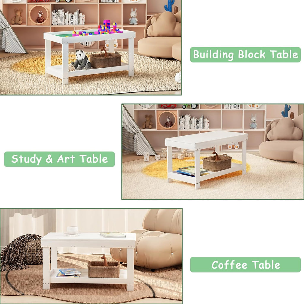 Mesa de actividades para niños con almacenamiento, 2 en 1, de madera maciza, bloques de construcción con tablero para regalos de niños y niñas, ladrillos de juego, tren, lectura, dibujo de
