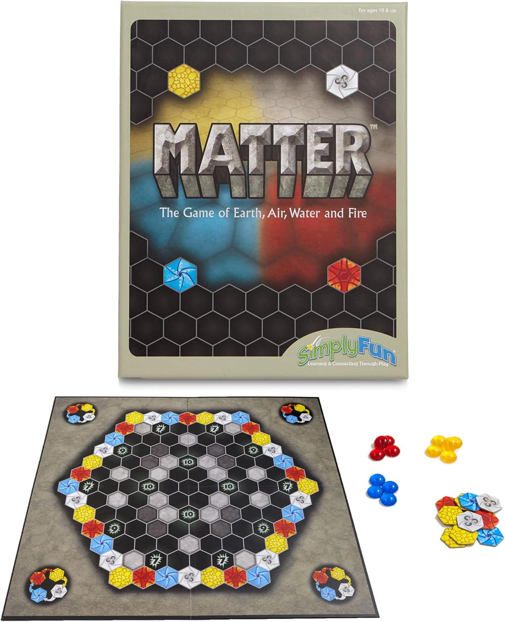 SimplyFun Juego de mesa Matter – Juego de estrategia de control de área para adolescentes y adultos a partir de 10 años – Incluye tablero de juego, 92 fichas de elementos, 56 elementales, 14 fichas de