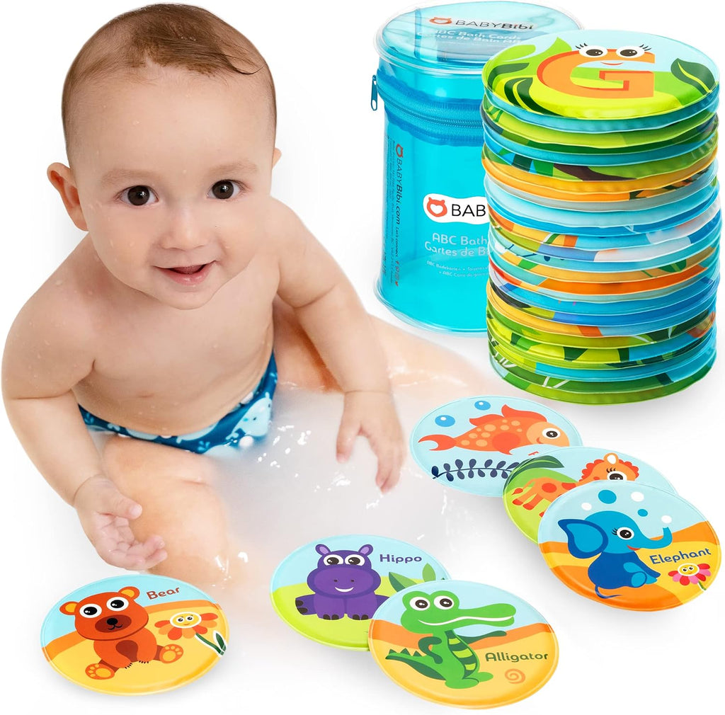 Animales flotantes y tarjetas flash del alfabeto para bañera - Tarjetas didácticas para niños pequeños de preescolar - Juguetes educativos de baño para mayores de 18 meses (juego de 26)