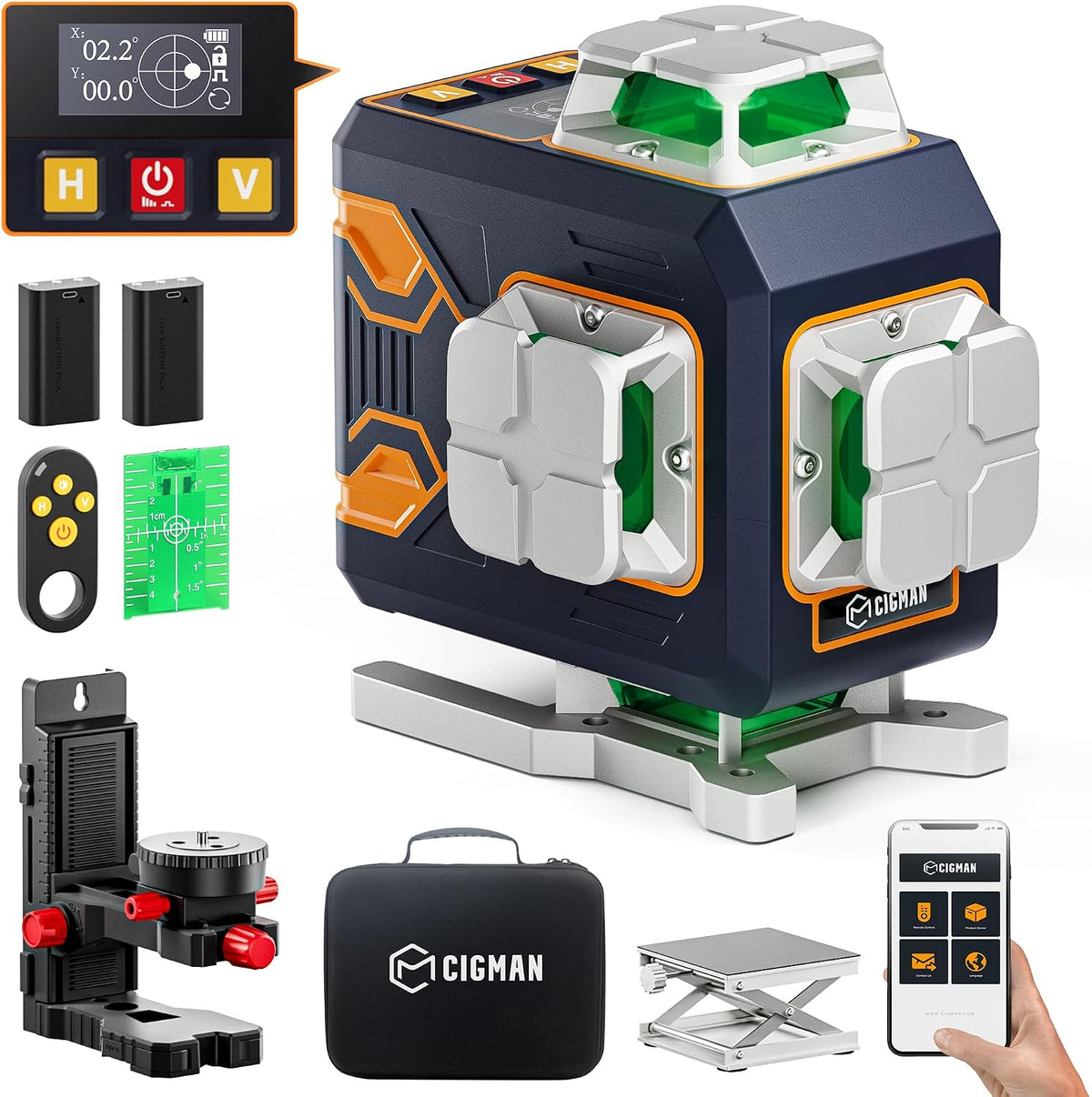 CIGMAN Nivel láser de 4 x 360° con 16 líneas con control remoto y APP, láser de línea cruzada autonivelante verde, línea vertical/horizontal 4D para construcción, renovación del hogar, colgar cuadros