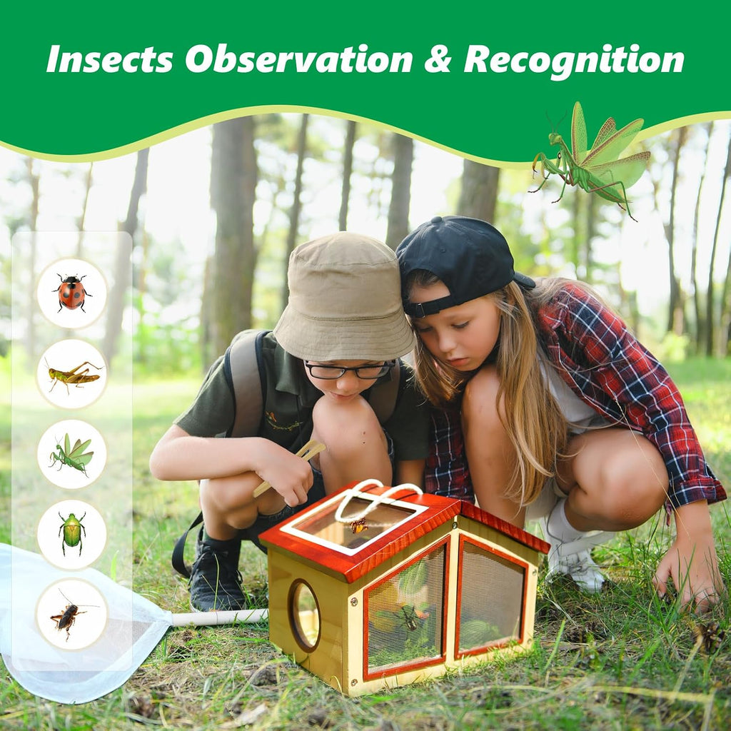 Kit explorador para niños y atrapa insectos para niños, juguetes al aire libre con gran hábitat de bichos de madera portátil, red de mariposa, lupa, taza de observación, 15 tarjetas de
