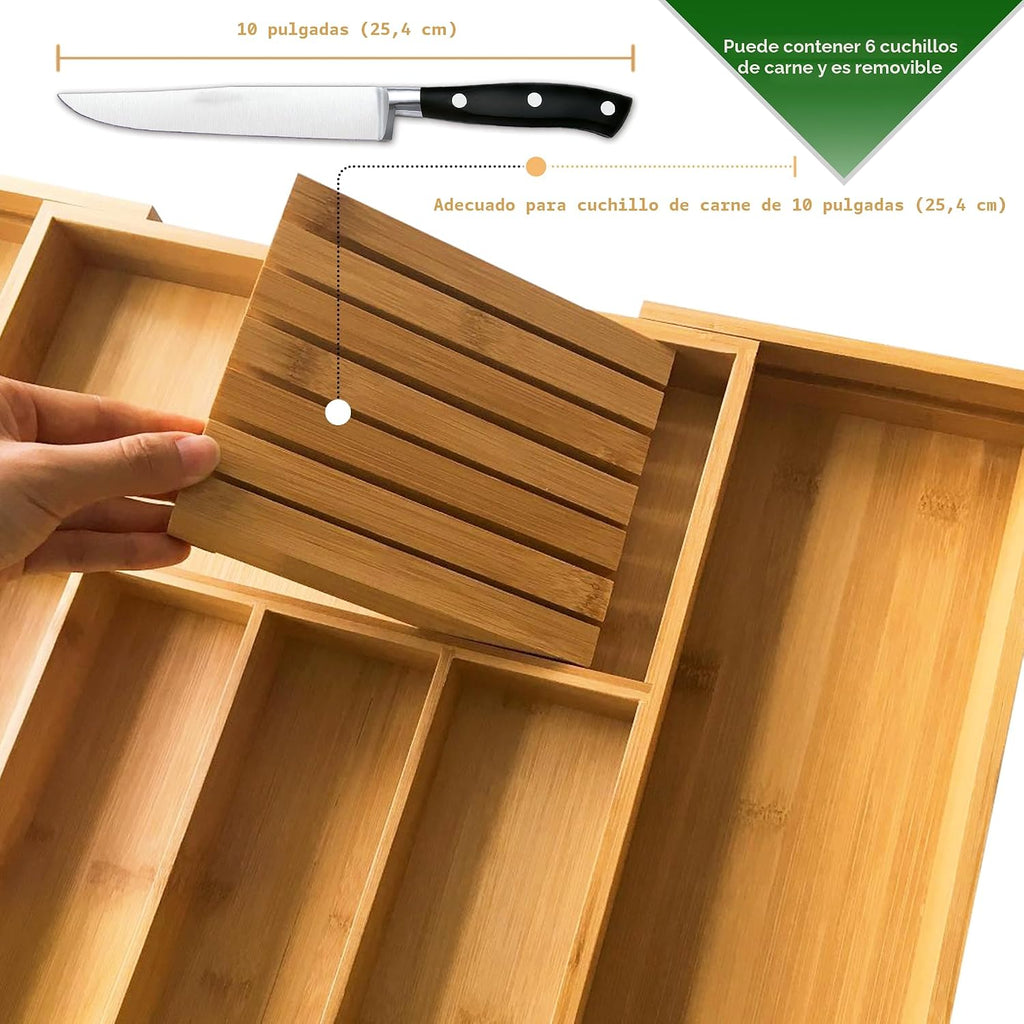 VaeFae Organizador de cajones de cubiertos de bambú, 7 ranuras, natural