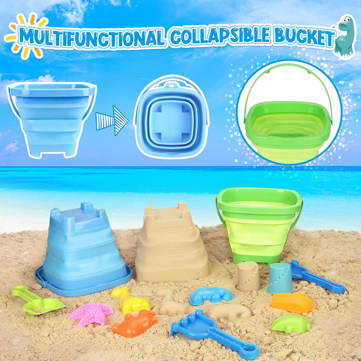 Juguetes de playa con 2 camiones, cubos plegables para niños de