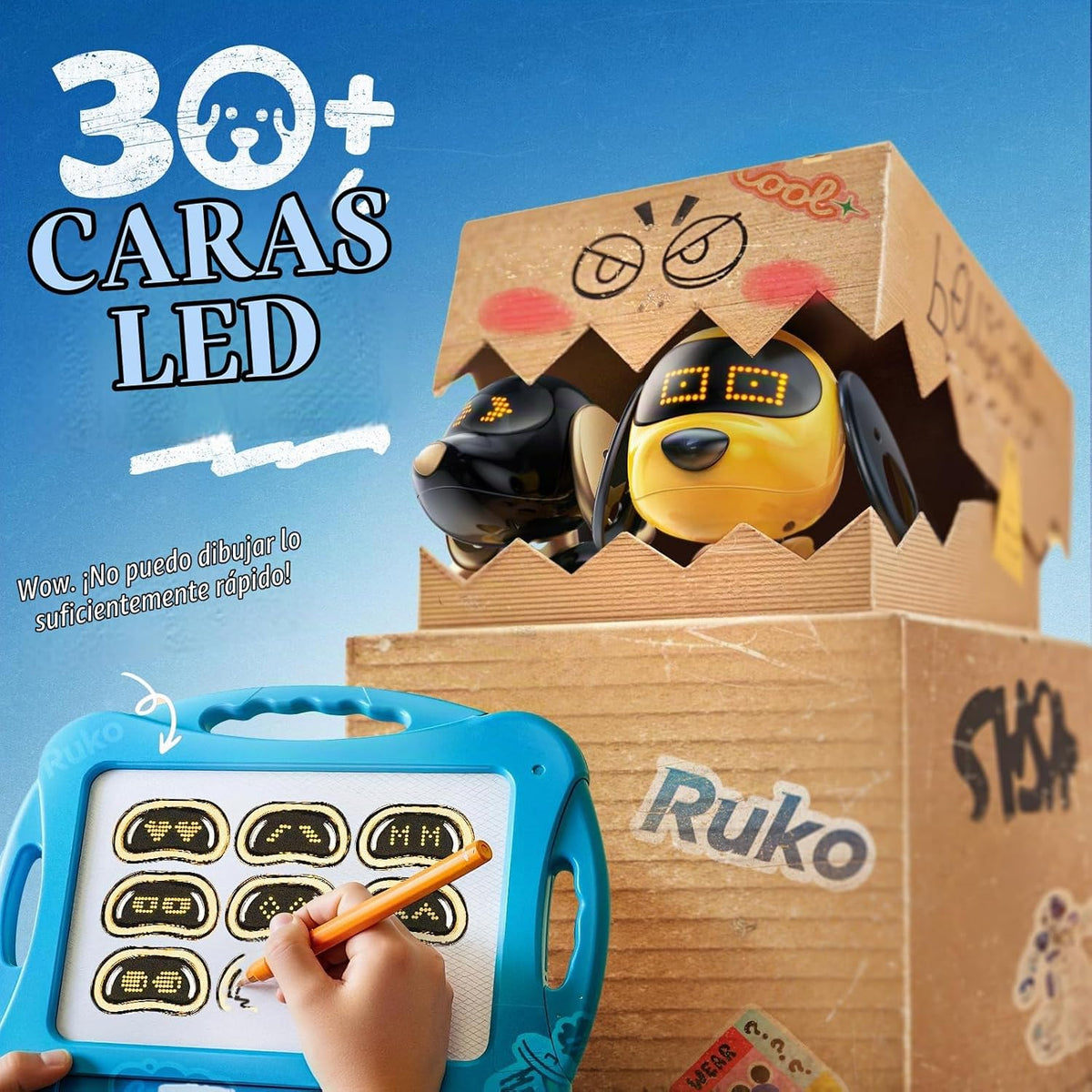 Ruko 18011 Robot de juguete para perro, cachorro interactivo inteligente con más de 30 caras LED, control remoto y de gestos, mascota electrónica programable para niños de 3 a 8 años