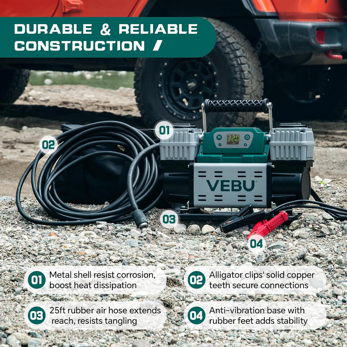 VEBU Compresor de aire todoterreno Inflador de neumáticos de 12 V,...